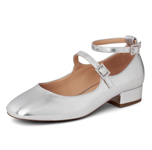 GENSHUO Mary Jane Chaussures avec Bride à la Cheville, Bout carré, Plates et légères, Boucle avec délicats Strass, Argent, 41 EU