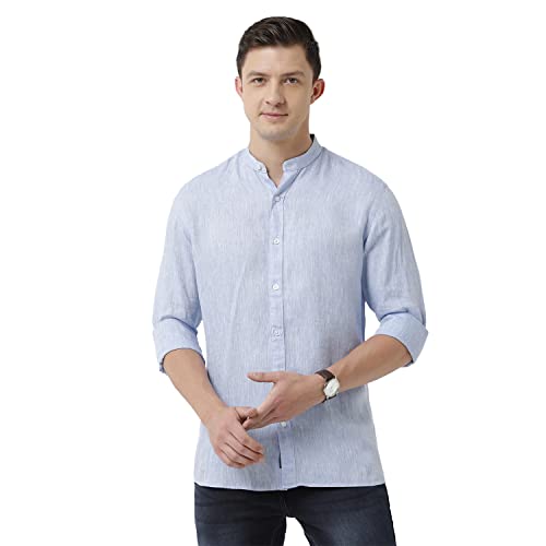 Image of Linen Club Men's Pure Linen Blue Chambray Slim Fit Full Sleeve Casual Shirt
