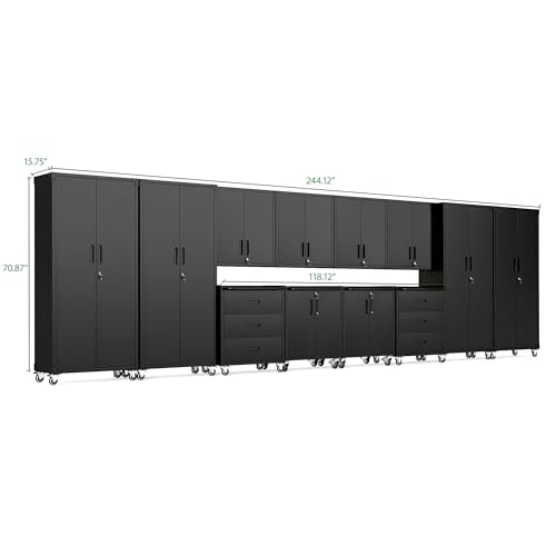 Image of 12-Piece Heavy Duty Steel Garage Cabinet System | All-in-One Modular Garage Cabinet Set for Ultimate Workshop Organization | Easy Assembly Garage Storage Cabinets & Tool Bench (Black)