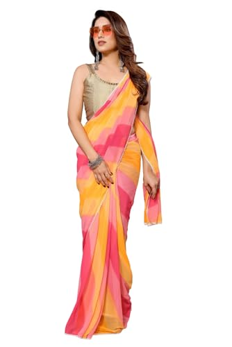 RAJESHWAR FASHION WITH RF Women's Printed Georgette Sarees For Ladies & College Girls Farewell With Lace Border & Blouse