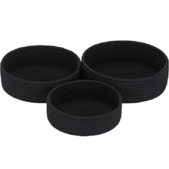 Image of Handmade Jute Cotton Storage Baskets Set of 3 for Dining Table, Fruit Basket & Roti Bowl, Cane Style Organizer for Kitchen, Home Decor, Washable Multipurpose (Black)