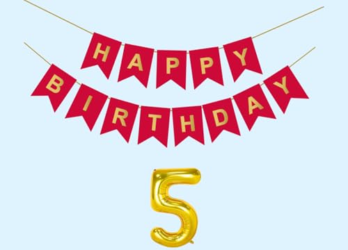 Image of 5th Happy Birthday Decoration Kit Red for 5 year Old Boys Girls Baby with Number Five Party Decorations Decor Celebration Items Item Set Combo Reusable Paper Banner