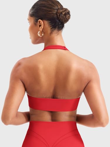 Image of YEOREO Women Halter Sports Bra Light Support V Neck Padded Strappy Open Back Workout Gym Tops