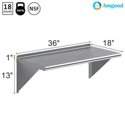 Image of AmGood 36 inch Long X 18 inch Deep Stainless Steel Wall Shelf | NSF Certified | Appliance & Equipment Metal Shelving | Kitchen, Restaurant, Garage, Laundry, Utility Room
