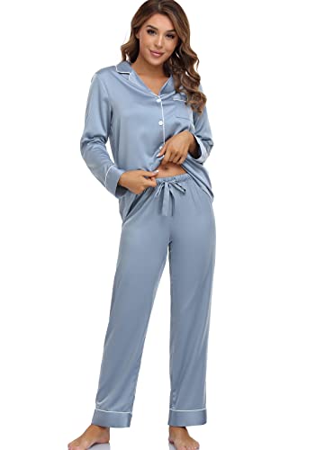 Image of Serenedelicacy Women's Satin Pajama Set Long Sleeve Button Down Sleepwear 2-Piece Silky Pj Set