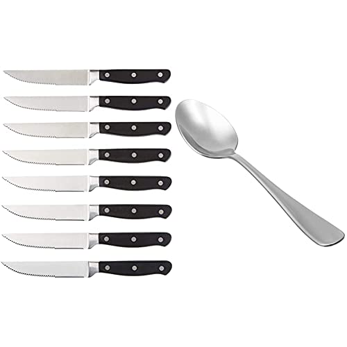 Amazon Basics Premium 8-Piece Kitchen Steak Knife Set, Black & Stainless Steel Dinner Spoons with Round Edge, Pack of 12