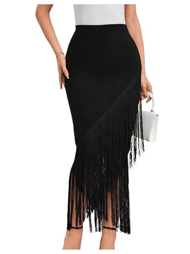 OYOANGLE Women's Fringe Trim Asymmetrical Hem High Waisted Party Pencil Long Maxi Skirts3