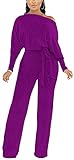 ZonJie Sexy Purple Sparkly Sequin Jumpsuits for Women Elegant Plus Size Clubwear Off Shoulder Long Sleeves Wide Leg Pants Rompers