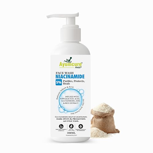 Image of Ayumcure 5% Niacinamide Face Wash with 0.5% Salicylic Acid, Glutathione, Zinc & Rice Extract | Anti-Acne, Brightening Cleanser for Combination & Oily Skin | Unisex Daily Face Wash | 200g