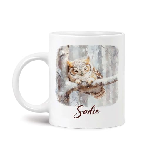 Lovely Custom Owl Sleeping Coffee Cup, White Mug For Christmas Holiday, Personalized Unique Name Owl