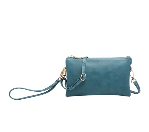 JEN & CO. Riley Vegan Leather Wristlet, Womens, Small Clutch, Adjustable, Detachable Strap, Convertible Crossbody, Shoulder Handbag, Purse - Dark Teal