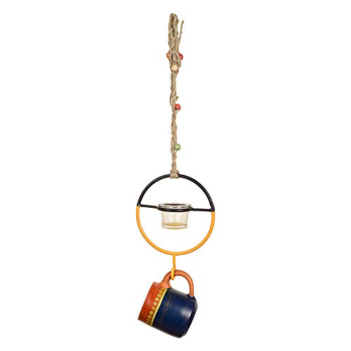 Image of Terracotta Blue Cup Hanging Bird Feeder | Hanging Outdoor Bird Feeder | Earthenware Bird Feeding