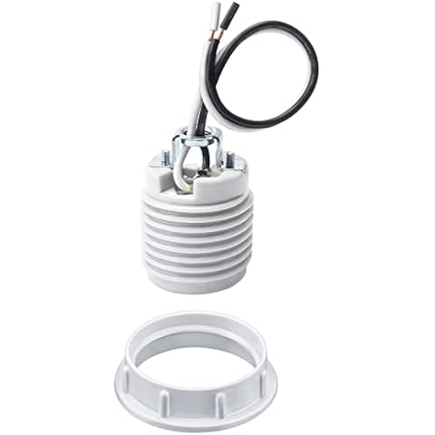 DiCUNO Medium Base E26 Ceramic Light Threaded Socket with White Shade Ring, Standard Screw-in Light Bulb Socket, UL Listed Porcelain Pre-Wired Lead 6 Inches Lamp Holder for Halogen LED Bulb, 1 Pack Cover