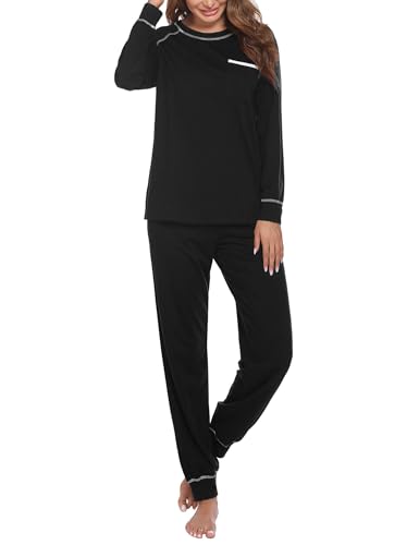 Ekouaer Pyjama Damen Langarm Baumwolle Schlafanzug Lang Winter Pyjama Set Lose Schlafanzüge für Frauen Oberteil und Schlafanzughose,Schwarz,XXL