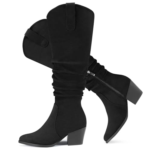Women's Knee High Slouchy Boots Flat Tall Boots for Women Pull On Fall Boots with Side Zipper