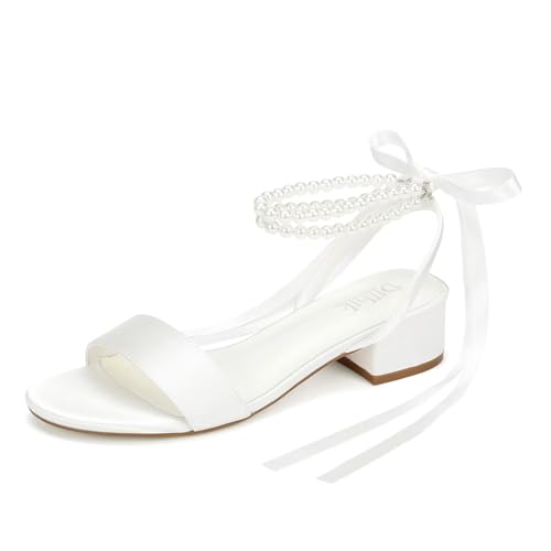 Low Block Heel Wedding Sandals Pearl Wedding Shoes for Bride Open Toe Bridal Shoes