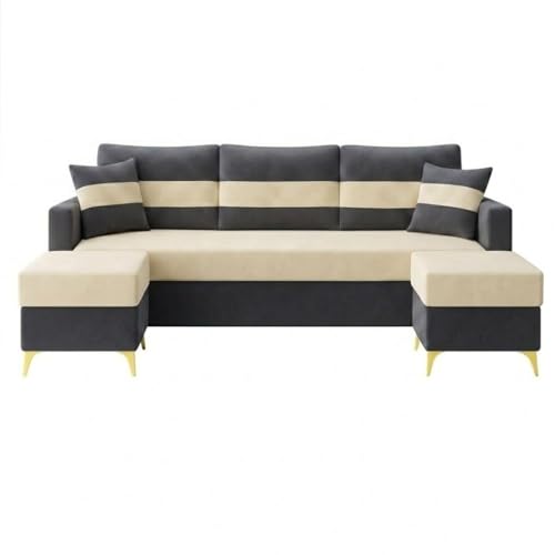Image of SOCOZI Bastian 5 Seater L Shape Sofa Set with 2 Movable Ottomans | Flexible Layout| Soft Velvet Suede Fabric|Modern Sofa with Golden Legs | Plush Comfort Cushions for Living Room (Cream-Dark Gray)