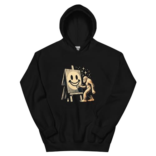 Sweat à capuche Bigfoot unisexe noir avec grand imprimé smiley vintage