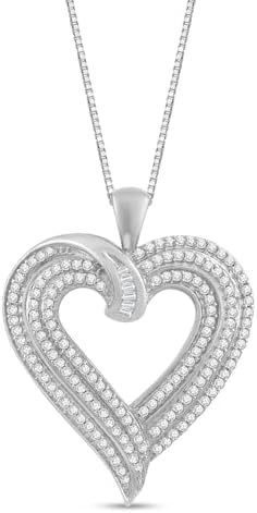 Jewelili Heart Necklace Pendant with Natural White Round and Baguette Diamonds 1/2 Cttw in 10K White or Yellow Gold 18&#34; Box Chain