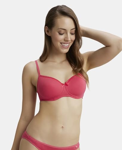 Image of Jockey 1723 Women Wirefree Padded Super Combed Cotton Elastane Stretch Medium Coverage T-Shirt Bra with Lace Styling