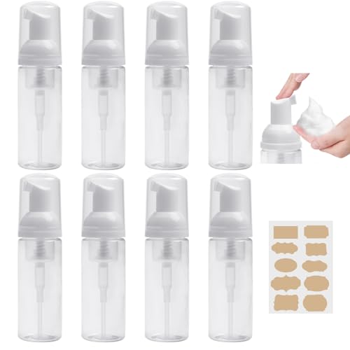 Samulee 8 Piezas Dispensador Jabon Baño Plástico Transparente, Botes para Gel y Champu Rellenables 60ml, Dispensador Espuma, Botes Espuma Pequeño con Etiquetas para Viajes, Baño y Hoteles