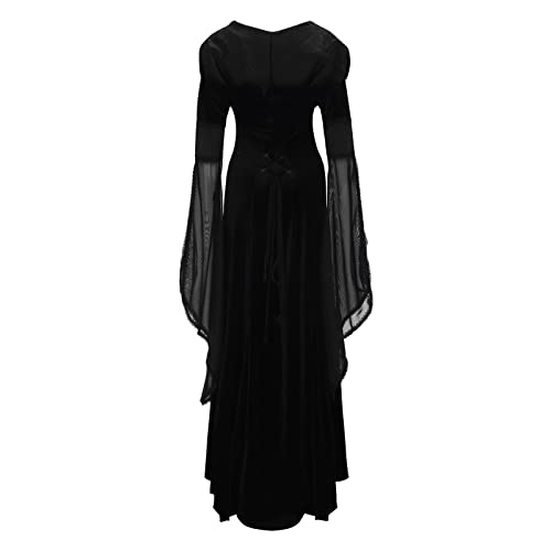 Womens Dress Ruffles Long Hooded Dress Sleeve Floor Dress Length Cosplay Women's Women Long Aline Maxi Dress Casual Black #TOP3