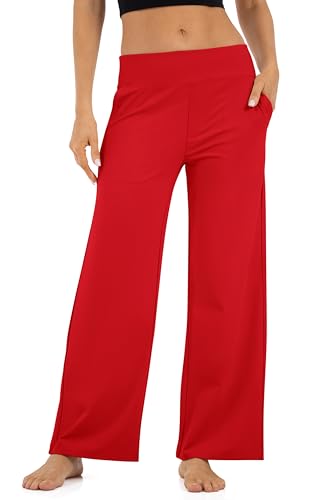 Uowou Wide Leg Pants for Women with Pockets High Waisted Yoga Pants Lounge Buttery Soft Dress Work Palazzo Casual Sweatpants Red