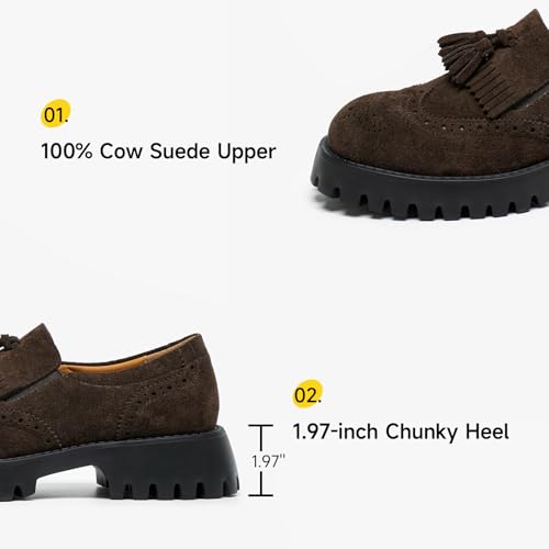Image of BEAU TODAY Chunky Loafers for Women, Women's Leather Platform Loafers, Lug Sole Tassel Slip On Loafers Shoes Brogues Wingtip Casual Business Shoes Comfortable Dressy
