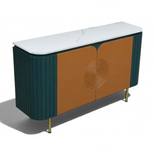 Image of Solid Wood Mandala Sideboard Cabinet with Sintered Stone Top for Living Room | Premium Acrylic Emerald Green and Terracotta Brown with Soft Close Hinges