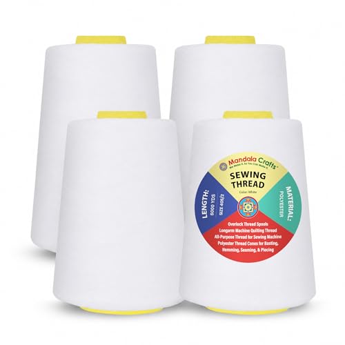 Mandala Crafts 4 Pack of Serger Threads Cones Spools - 40S/2 24000 Yards Polyester White Threads for Sergers Machine and Overlock Quilting Sewing Machine