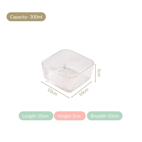Image of Nestasia Square Glass Bowls Set of 4 (300 ml Each) | Transparent Hammer - Textured Katori for Dessert & Ice Cream | Microwave & Dishwasher Safe Snack Bowls - Perfect for Gifting