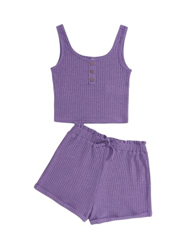 Image of RoseSeek Girl's 2 Piece Outfits Waffle Knit Scoop Neck Button Down Crop Tank Tops Paperbag Waist Track Shorts