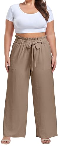Image of OLRIK Women's Plus Size Pants Adjustable High Waisted Wide Leg Palazzo Pants Casual Trousers with Pockets Spring Clothes