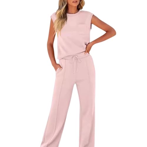 Women's Casual Sleeveless Top and Drawstring Pants 2-Piece Set,Solid Color Round Neck Top Wide Leg Pant Sets4