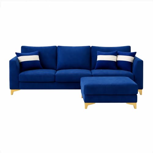 Image of Remi 4 Seater L Shape Sofa Set with Movable Ottomans | Flexible Layout | Rich Velvet Suede Fabric | Silver Legs | Modern Sofa for Living Room (Dark Blue)