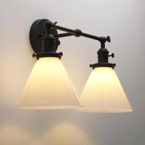 Image of Double Sconce Vintage Industrial Black 2-Lights Wall Sconces with Funnel Flared Glass Milk Glass Shade Antique Scocne for Bathroom Living Room Home Office