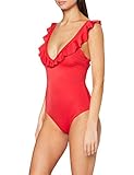 Iris & Lilly Damen Badeanzug mit Tiefem V-Ausschnitt und Rüschen, Rot, 40