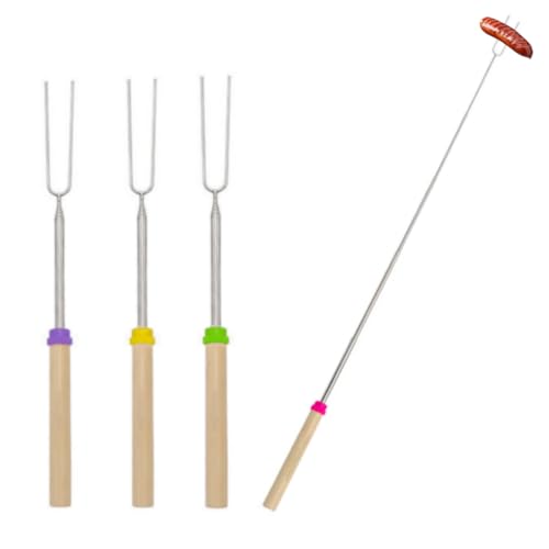 HRLORK 4 Pack Marshmallow Toasting Forks Stainless Telescoping Barbecue Forks Wooden Handle BBQ Roasting Sticks for Bonfire Camping