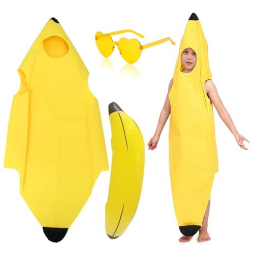 Fato de banana divertido fato de frutas unissexo e banana insuflável com óculos amarelos em forma de coração, Funny Banana costume para criança, frutas fato bodysuit disfarce de carnaval para festa