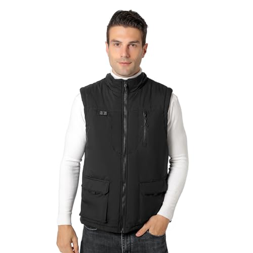 Hamwesh Chaleco Calefactable para Hombres, 11 Zonas Cuello Abdomen Espalda Calefacción Temperatura Ajustable Chaleco Eléctrico de Invierno con Interfaces USB DC Duales para Motocicleta Al Aire