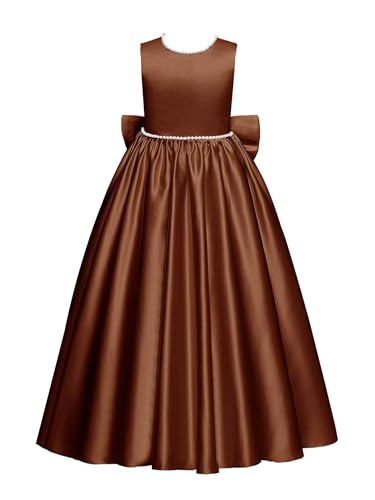 Satin Flower Girl Dress for Wedding Pearl Floor Length Kids Bridesmaid Dresses Princess Pageant Party Bow Gowns2
