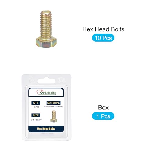 Image of METALLIXITY Hex Bolts (5 /16-18x3 /4 inch) 10Pcs, Carbon Steel Zinc Plated Fully Threaded, Coarse Thread UNC Hex Head Screw Bolt - for Furniture Repair, Yellow