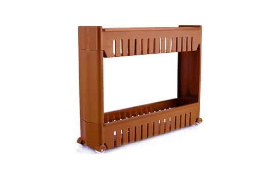 Image of JD FRESH 2-Tier Slim Rolling Storage Organizer Rack /Fridge Side Storage Rack /Plastic Trolley Storage Stand with Wheels /Floor Standing Cabinet for Bathroom and Kitchen Corner Area (Brown)