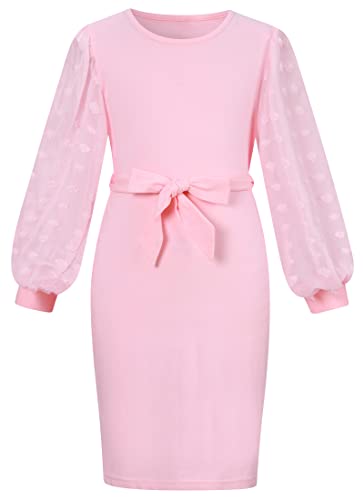 SFreeBo Robe d'hiver moulante à manches longues avec ceinture en maille jacquard transparente pour filles de 7 à 12 ans, rose, 11-12 ans Cover