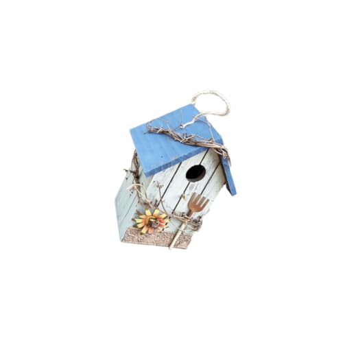 DECHOUS Casa Colgante De Madera Rústica para Pájaros Adorno Decorativo para Jardín y Hogar Modelo Artesanal Resistente con Techo Azul Regalo Ligero para Exteriores Interior