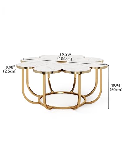 LITTLE TREE 39.37-Inch White and Gold Coffee Table, Modern Flower-Shaped Center Table with Faux Marble Top & Metal Frame, Floral Accent Coffee Table for Living Room, Bedroom, Lounge - Image 4