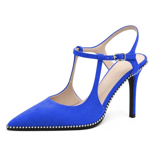 Image of SAMMITOP Womens High Heels Ankle Strap Pointed Toe Stilettos Patent Leather Beaded Pumps Dress Shoes 3.5 Inch
