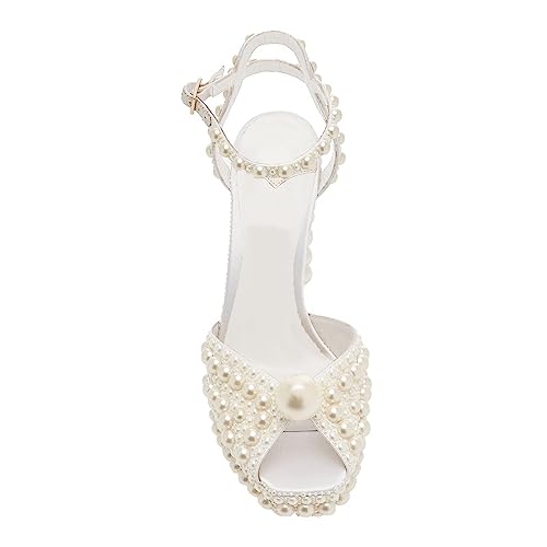 Image of Goolita Womens Open Toe Pearl Platform Heels For Women Chunky Buckle Ankle Strap Wedding Heeled Sandals Dress Evening Bride Bridal Shoes