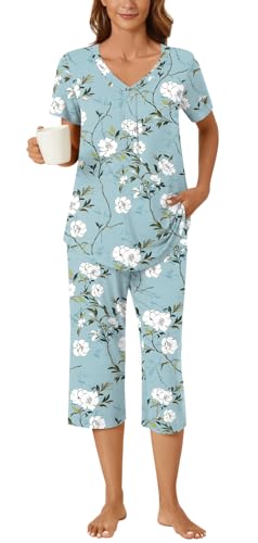 Image of Bestbee Women's Pajama Sets 2 Piece Lounge Outfits Summer Sleepwear V Neck Short Sleeve Capri Pant With Pockets Ladies Pjs