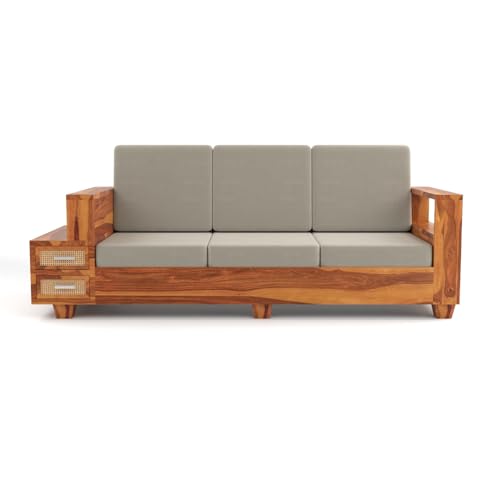 Image of Sheesham Wood 3 Seater Sofa | 3 Seater Sofa with 2 Drawer Storage | Wooden Sofa Set Furniture for Living Room Home Office (Natural Cane,Honey Finish)